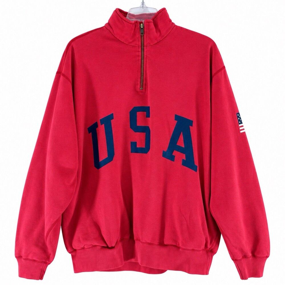 Polo Ralph Lauren USA Quarter Zip Sweatshirt Men’s L Red Flag Spellout Pullover